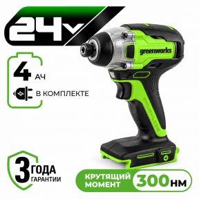 Аккумуляторный ударный винтоверт Greenworks GD24ID3 б/щ, HEX 1/4, 300 Н·м, 24v (АКБ 1x4Ah, З/У) Аккумуляторный ударный винтоверт Greenworks GD24ID3 б/щ, HEX 1/4, 300 Н·м, 24v (АКБ 1x4Ah, З/У)