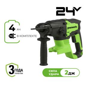 Аккумуляторный перфоратор Greenworks GD24SDS2K4 б/щ, 2 Дж, 24v (АКБ 1х4Ah, З/У, сумка)