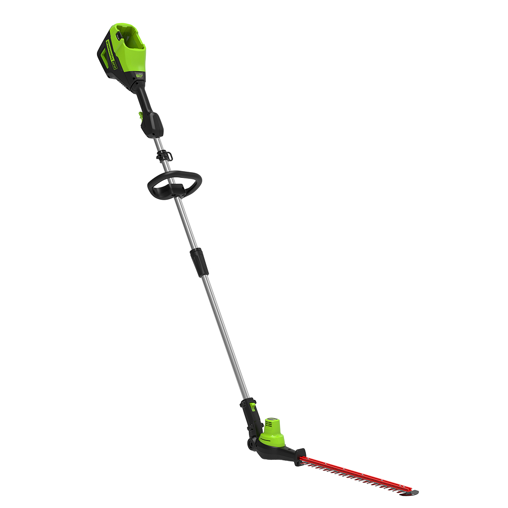 Аккумуляторный кусторез на штанге Greenworks GD60PHT61, 51см, б/щ, 60v (без АКБ и З/У) - Кусторез с рабочей длиной 215 см и ножом 51 см, позволяет легко добраться до высоких кустарников. Лезвия из стали с лазерной обработкой и двусторонней алмазной заточкой справляются с ветками до 30 мм. Производительность — 3200 резов в минуту. Голова с ножом поворачивается на 135 градусов — от 90° под прямым углом к штанге до -45° для работы с низкорослыми растениями. Это позволяет точно обрезать ветки под любым углом.