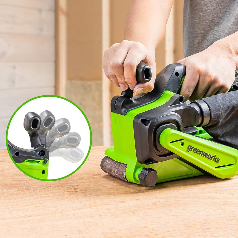 Аккумуляторная ленточная шлифовальная машина Greenworks G24BS б/щ, 24v (без АКБ и З/У) - Шлифмашина имеет бесключевую систему для быстрой замены и регулировки натяжения шлифовальной ленты. Фронтальная рукоятка 5 пять регулируемых положений, что позволяет настроить инструмент под размер заготовки и повысить комфорт оператора. Для продолжительной работы предусмотрен фиксатор клавиши выключателя.