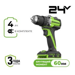 Аккумуляторная дрель-шуруповерт Greenworks DD560 б/щ, 60 Н·м, 24v (АКБ 1х4Ah, З/У) Аккумуляторная дрель-шуруповерт Greenworks DD560 б/щ, 60 Н·м, 24v (АКБ 1х4Ah, З/У)