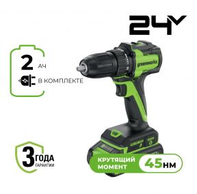 Аккумуляторная дрель-шуруповерт Greenworks DD345 б/щ, 27/45 Н·м, 24v (АКБ 1х2Ah, З/У) Аккумуляторная дрель-шуруповерт Greenworks DD345 б/щ, 27/45 Н·м, 24v (АКБ 1х2Ah, З/У)