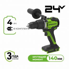 Аккумуляторная ударная дрель-шуруповерт Greenworks GD24DD140 б/щ, 70/140 Н·м, 24v (АКБ 1x4Ah, З/У) Аккумуляторная ударная дрель-шуруповерт Greenworks GD24DD140 б/щ, 70/140 Н·м, 24v (АКБ 1x4Ah, З/У)